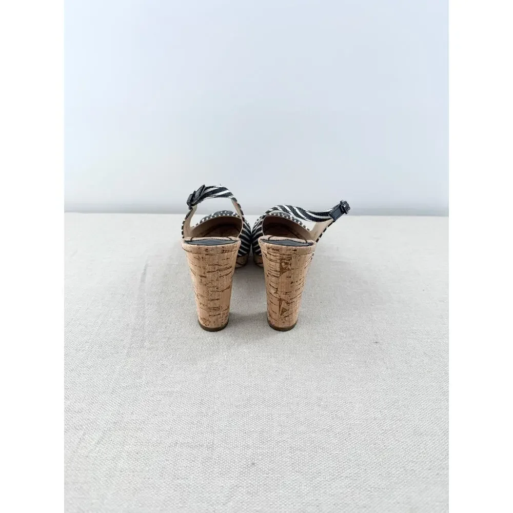 Chanel Stripe Canvas CC Logo Cork Sling Back Sandals Black White Women's EU 36 - Picture 4 of 6